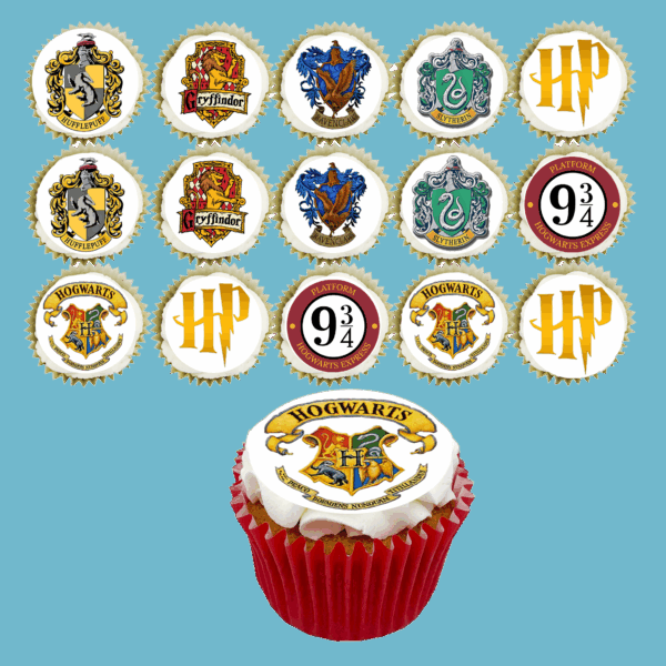 Celebrate with a Box of 15 Harry Potter Cupcakes featuring edible toppers of house crests, Platform 9 ¾, and customisable flavours. Magical treat!