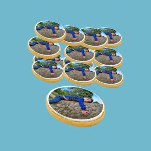 Round cookies topped with edible photo prints in full color, featuring personalised images such as faces, logos, or themed designs on a buttery, crunchy cookie base.