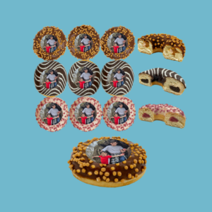 Assortment of three personalised photo doughnuts, each topped with an edible photo print. One doughnut has a chocolate glaze with caramel-colored crunchy pearls, another features caramel icing with dark swirls, and the third has fruit berry icing with pink and white sprinkles.