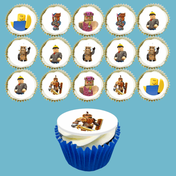 Box of 15 Roblox cupcakes with edible toppers featuring iconic characters. Perfect for birthdays, parties, and Roblox-themed celebrations.