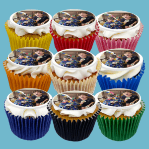 Box of 15 custom photo cupcakes with edible photo toppers in vanilla or chocolate flavours, perfect for birthdays, weddings, and special events.