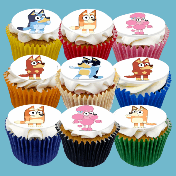 Box of 15 Bluey Character Cupcakes featuring Bluey characters with customisable flavours.