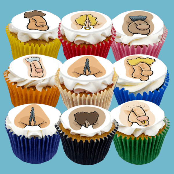 Box of 15 Willy &amp; Muff Cupcakes featuring willies and muffs, perfect for hen parties or bachelor parties, with customisable flavours.