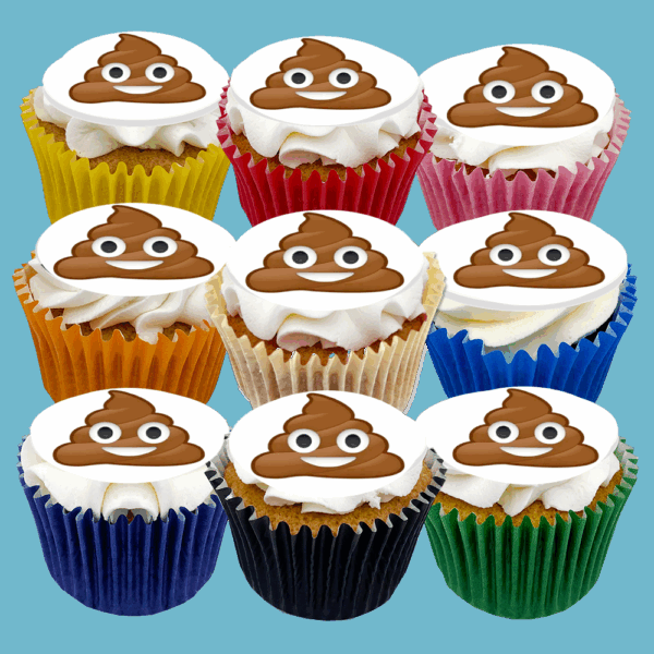 Box of 15 Poop Emoji Cupcakes featuring emoji characters with customisable flavours.