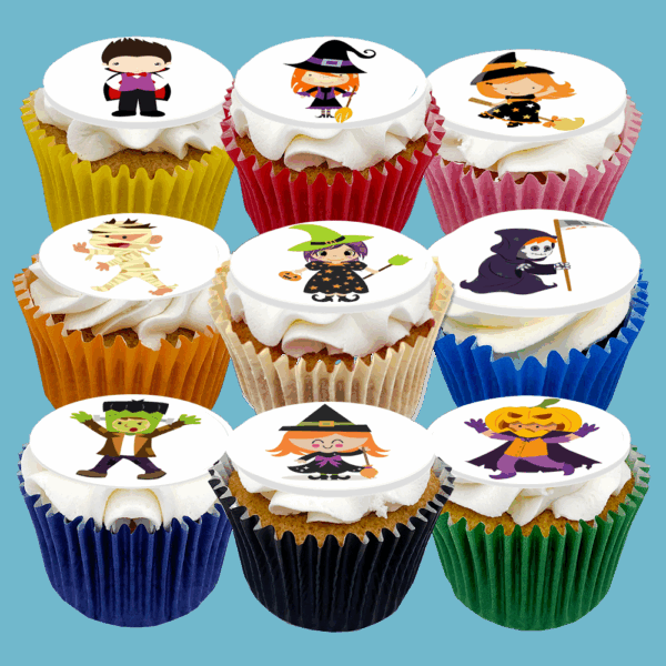 Box of 15 Halloween Cupcakes featuring Halloween characters, perfect spooky parties, with customisable flavours.