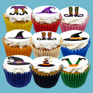 Box of 15 Halloween Witch Hat & Leg Cupcakes featuring Halloween characters with customisable flavours.