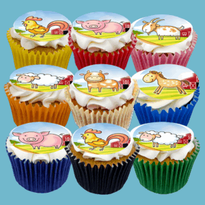 Box of 15 Farm Cupcakes featuring the farm animals with customisable flavours.