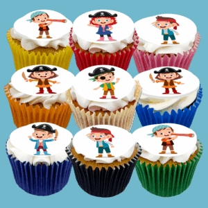 Box of 15 Pirate Cupcakes featuring pirates with customisable flavours.