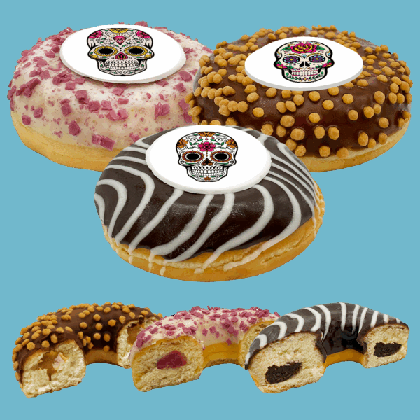 Handmade Day of the Dead Doughnuts with edible photo prints, available for delivery across the UK.