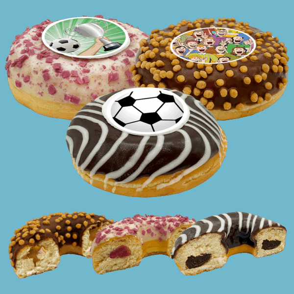 Handmade Football Doughnuts with edible photo prints, available for delivery across the UK.