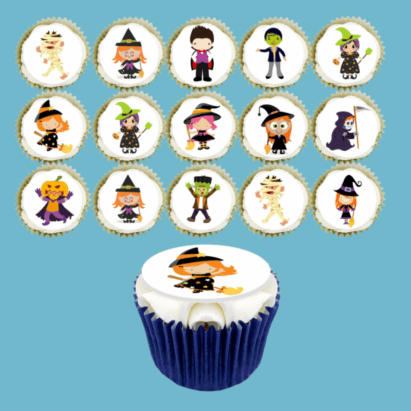 Box of 15 Halloween Cupcakes featuring Halloween characters, perfect spooky parties, with customisable flavours.