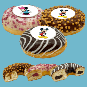Handmade Mickey & Minnie Mouse Doughnuts with edible photo prints, available for delivery across the UK.
