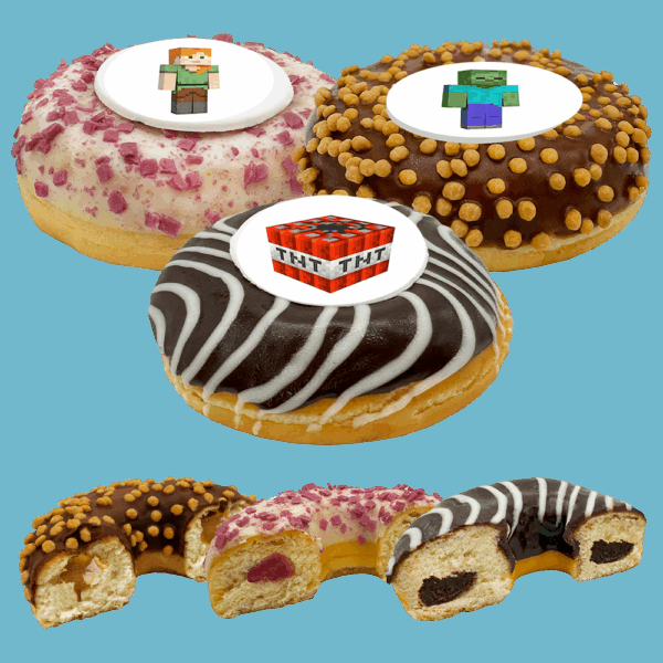 Handmade Minecraft Doughnuts with edible photo prints, available for delivery across the UK.