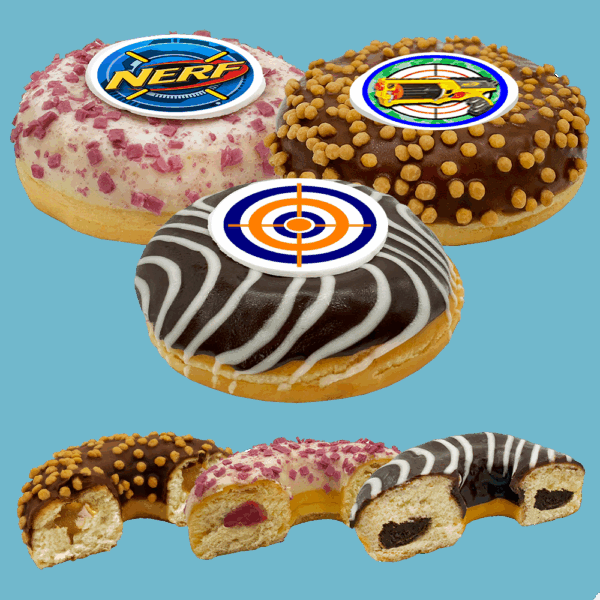 Handmade Nerf Doughnuts with edible photo prints, available for delivery across the UK.
