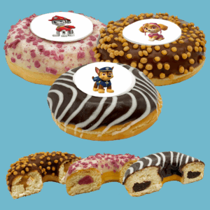 Handmade Paw Patrol Doughnuts with edible photo prints, available for delivery across the UK.