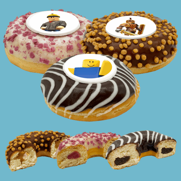 Handmade Roblox Doughnuts with edible photo prints, available for delivery across the UK.